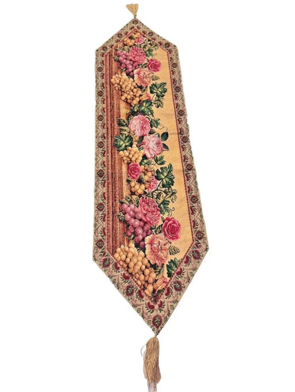 Dada Runner Of Roses & Fruit embroidery cross stitch tapestry table décor 4 ft.
